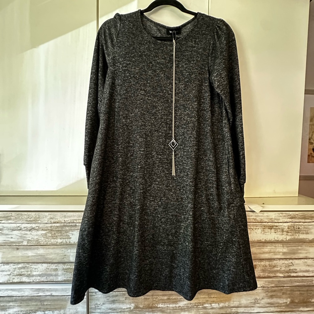 🖤 AB Studio XS Heather Black Long Sleeve Swing Dress Tunic Pockets